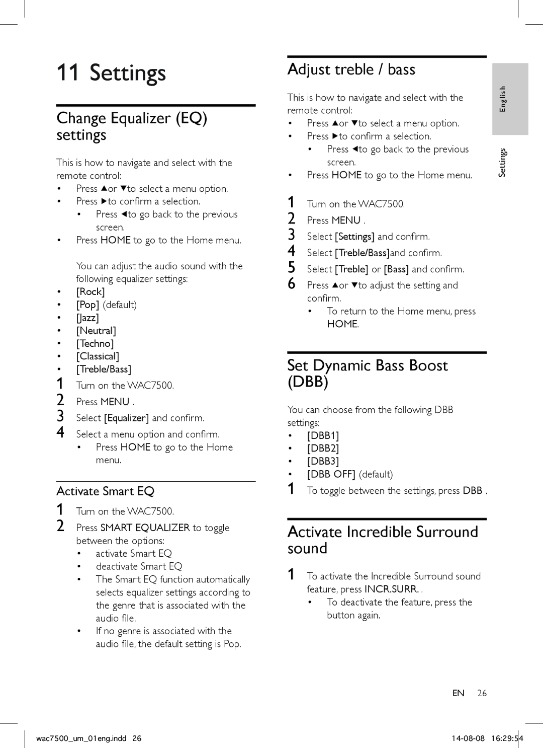 Philips WAC7500 user manual Settings, Change Equalizer EQ settings, Adjust treble / bass, Set Dynamic Bass Boost DBB 