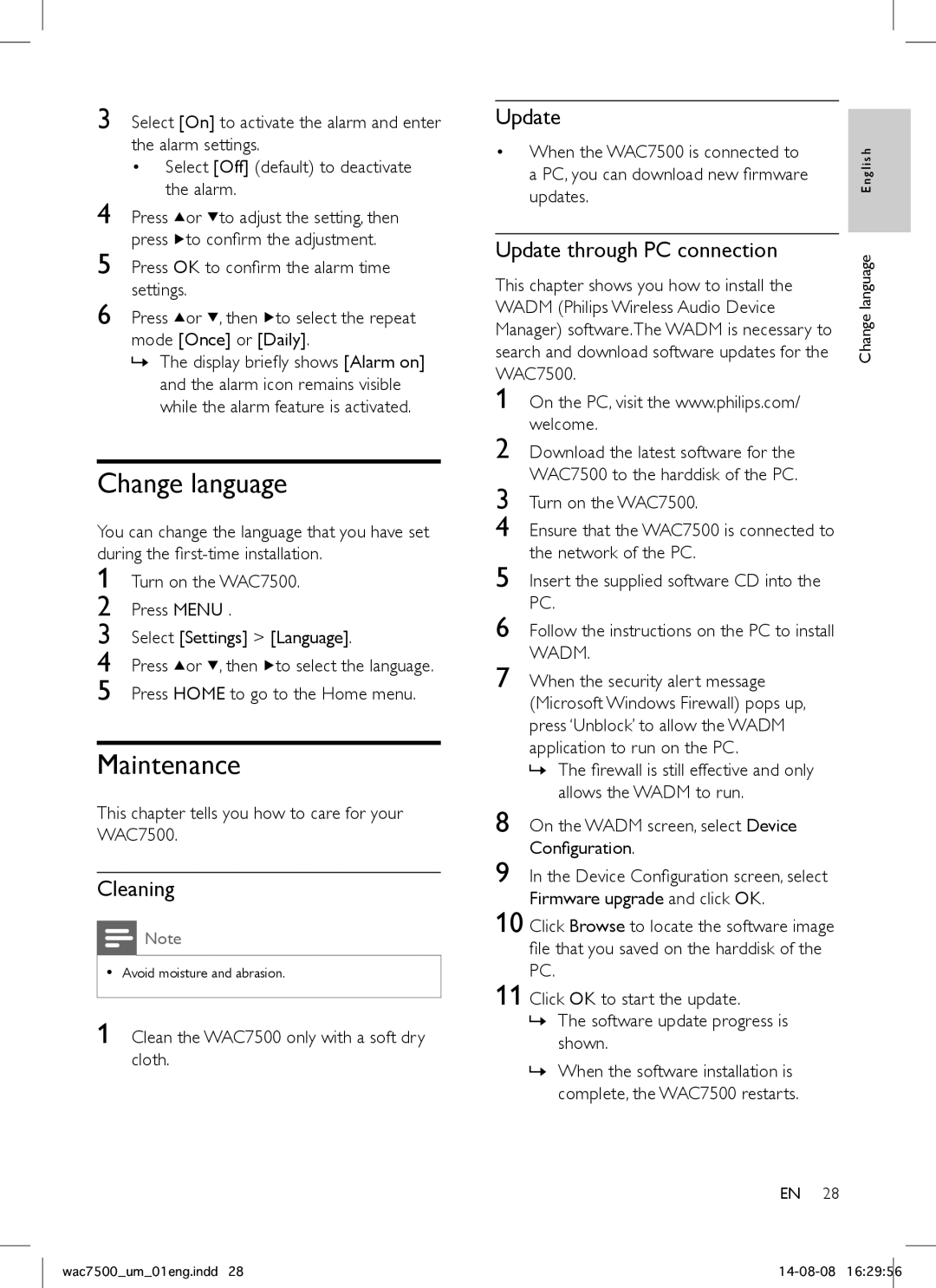 Philips WAC7500 user manual Change language, Maintenance, Cleaning, Update through PC connection 