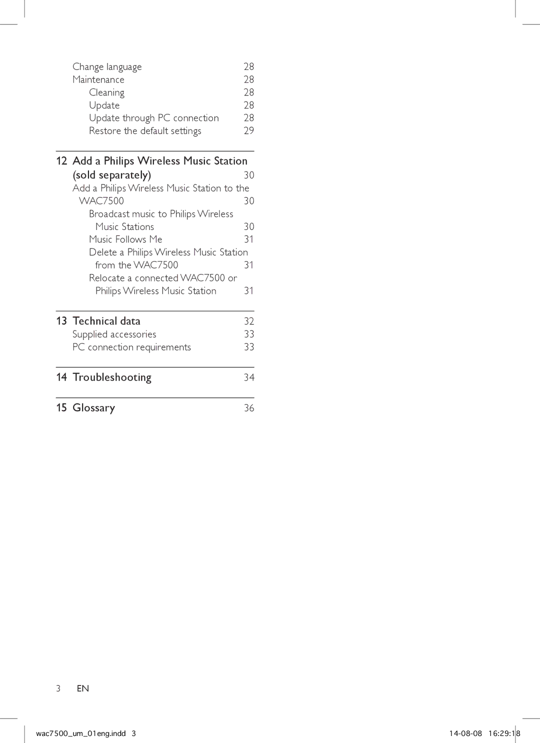 Philips user manual Change language Maintenance Cleaning Update, Music Stations Music Follows Me, From the WAC7500 