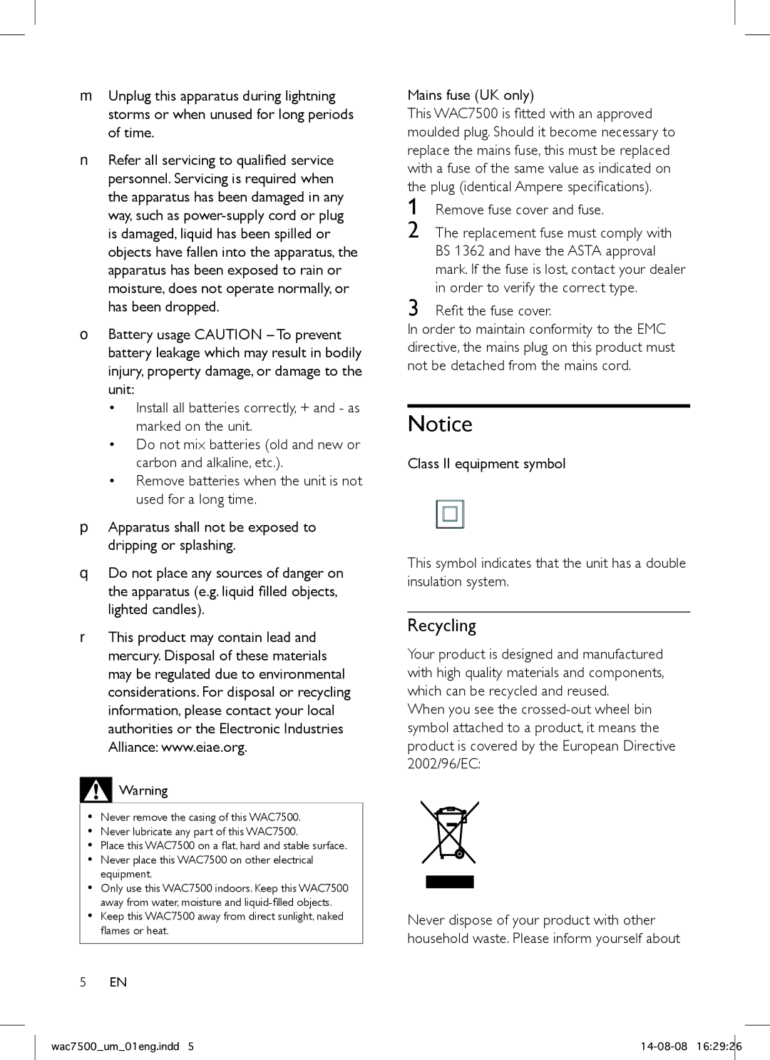 Philips WAC7500 user manual Recycling, Mains fuse UK only 