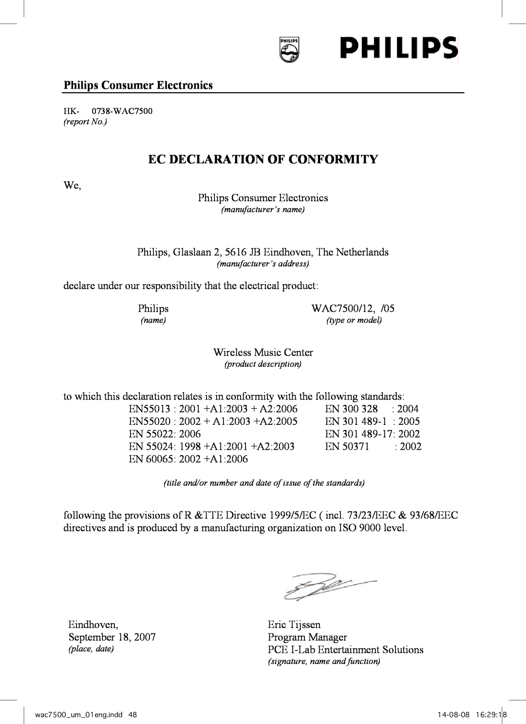 Philips user manual Ec Declaration Of Conformity, Philips Consumer Electronics, WAC7500/12, /05 