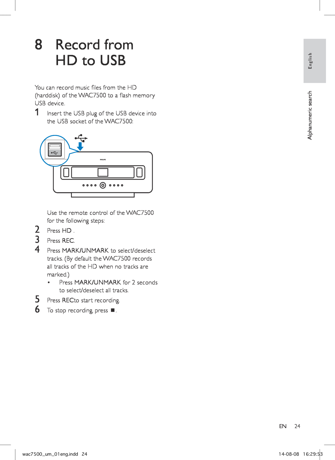 Philips WAC7500 user manual 8Record from HD to USB, Alphanumeric search English, wac7500 um 01eng.indd, 14-08-0816 