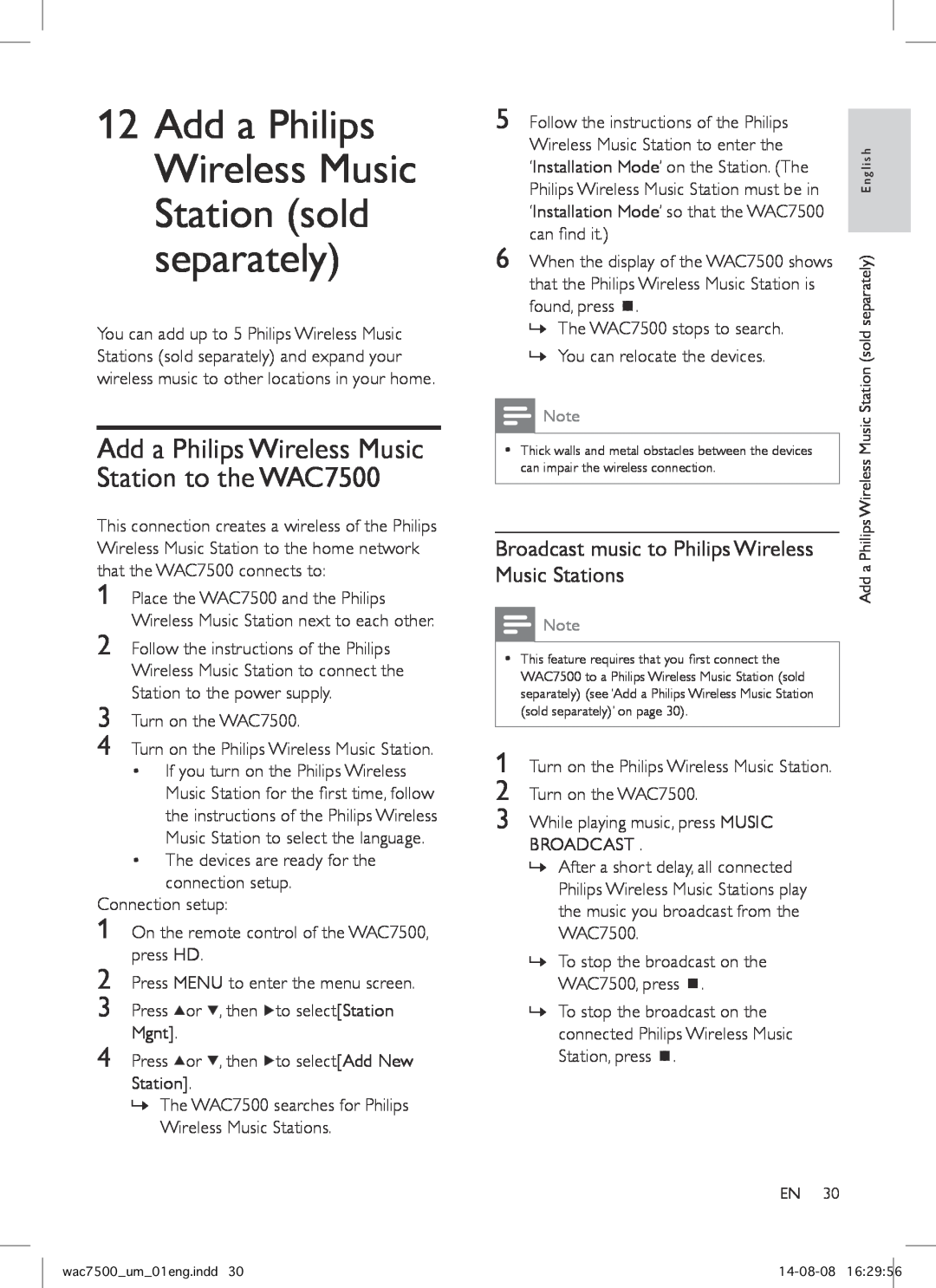 Philips WAC7500 user manual Music Stations, Broadcast music to Philips Wireless 