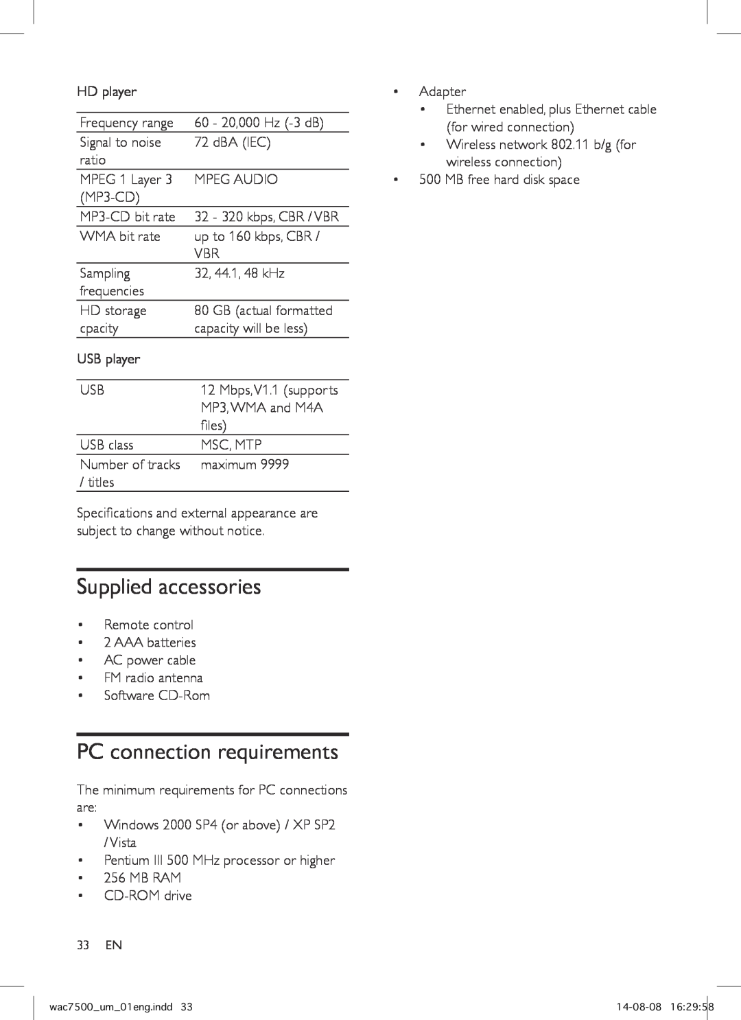 Philips WAC7500 user manual Supplied accessories, PC connection requirements 