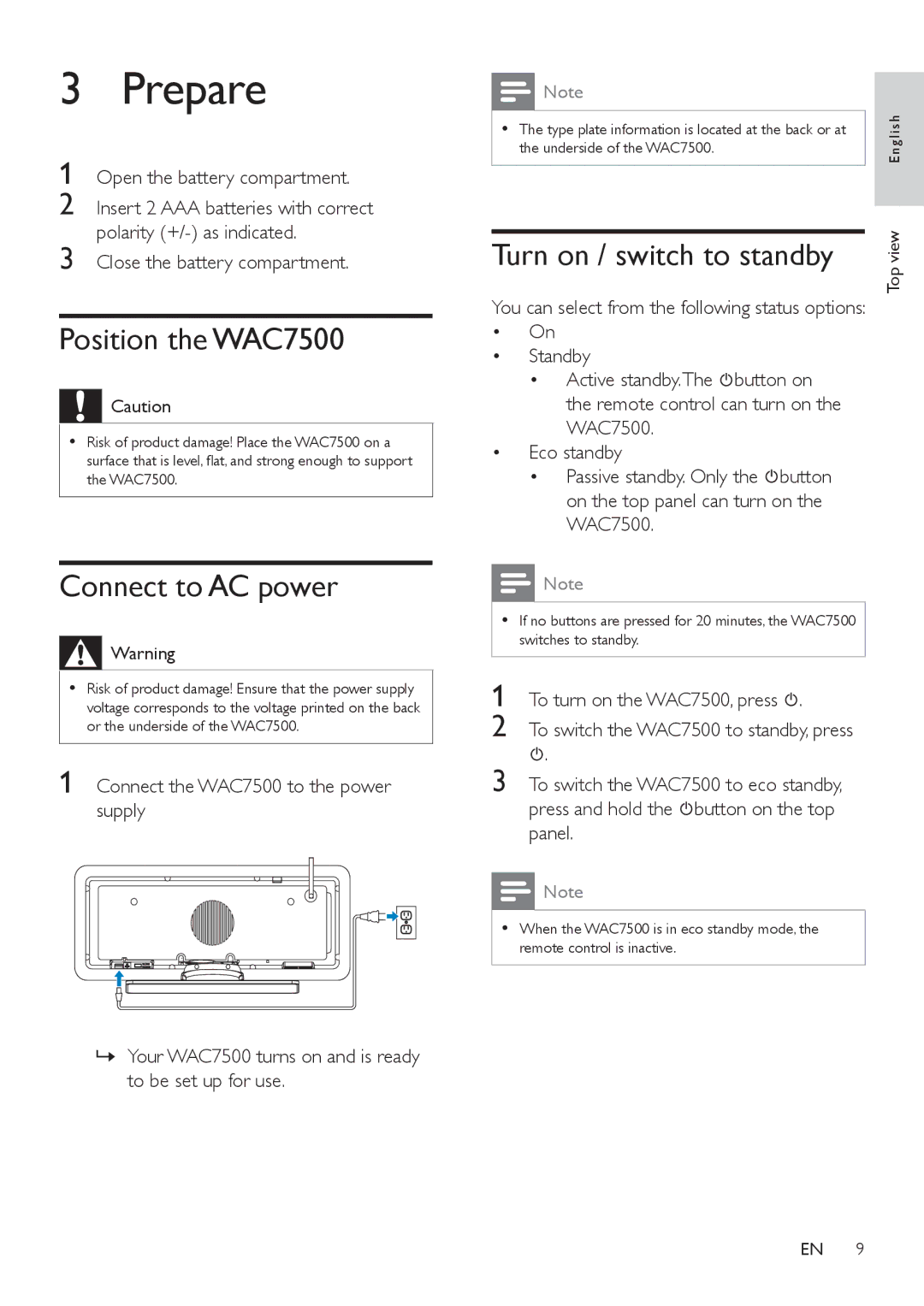 Philips WAC7505 user manual Prepare, Position the WAC7500, Connect to AC power, Turn on / switch to standby 