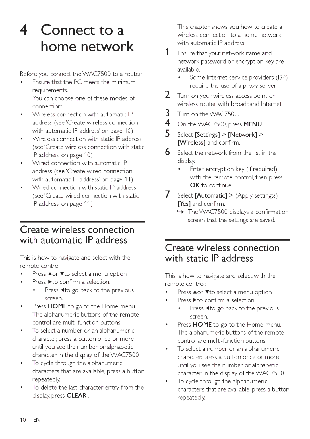 Philips WAC7505 user manual Connect to a home network 