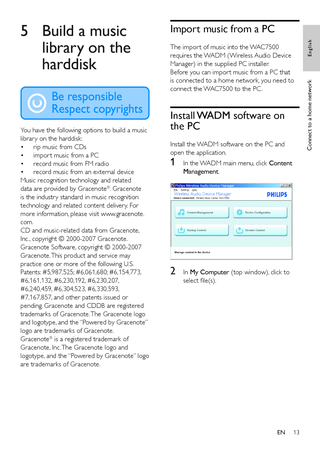 Philips WAC7505 user manual Import music from a PC, Install Wadm software on the PC 