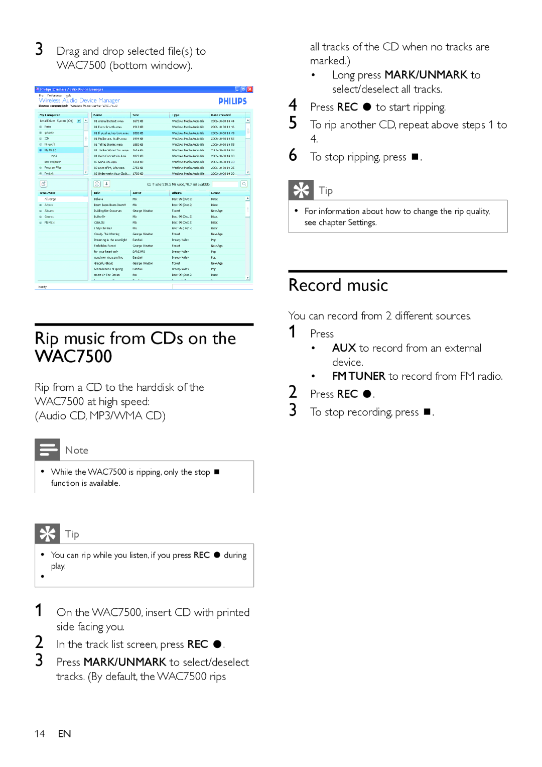 Philips WAC7505 user manual Rip music from CDs on the WAC7500, Record music 