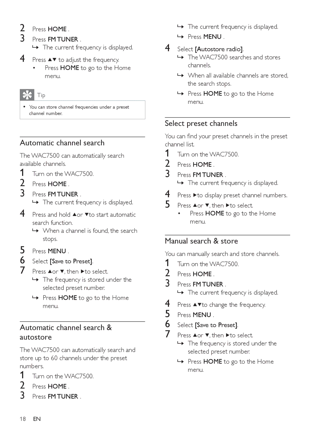 Philips WAC7505 user manual Automatic channel search & autostore, Select preset channels, Manual search & store 