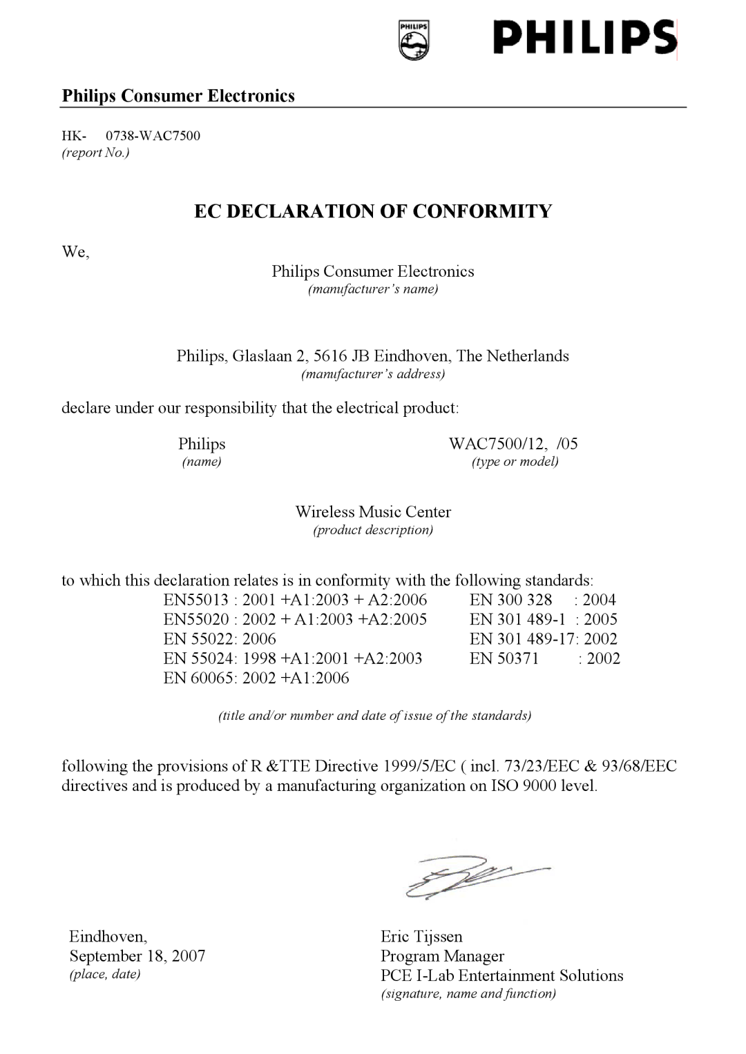 Philips WAC7505 user manual EC Declaration of Conformity 