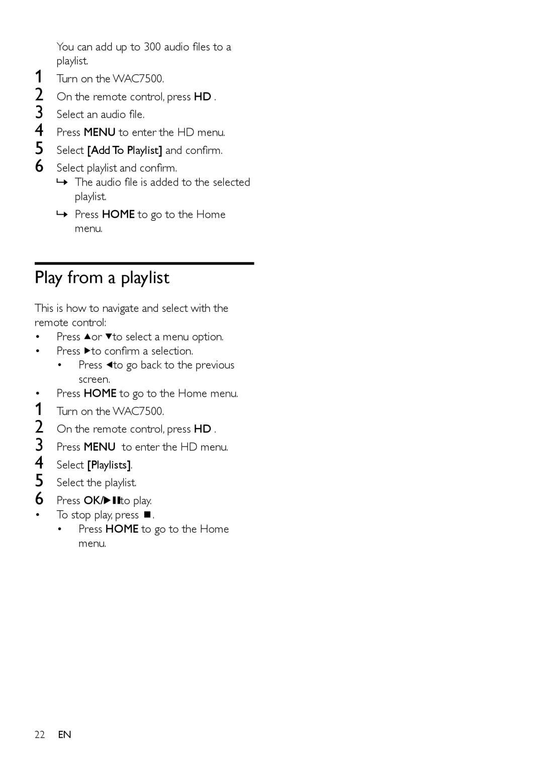 Philips WAC7505 user manual Play from a playlist, Select Playlists, Select the playlist 