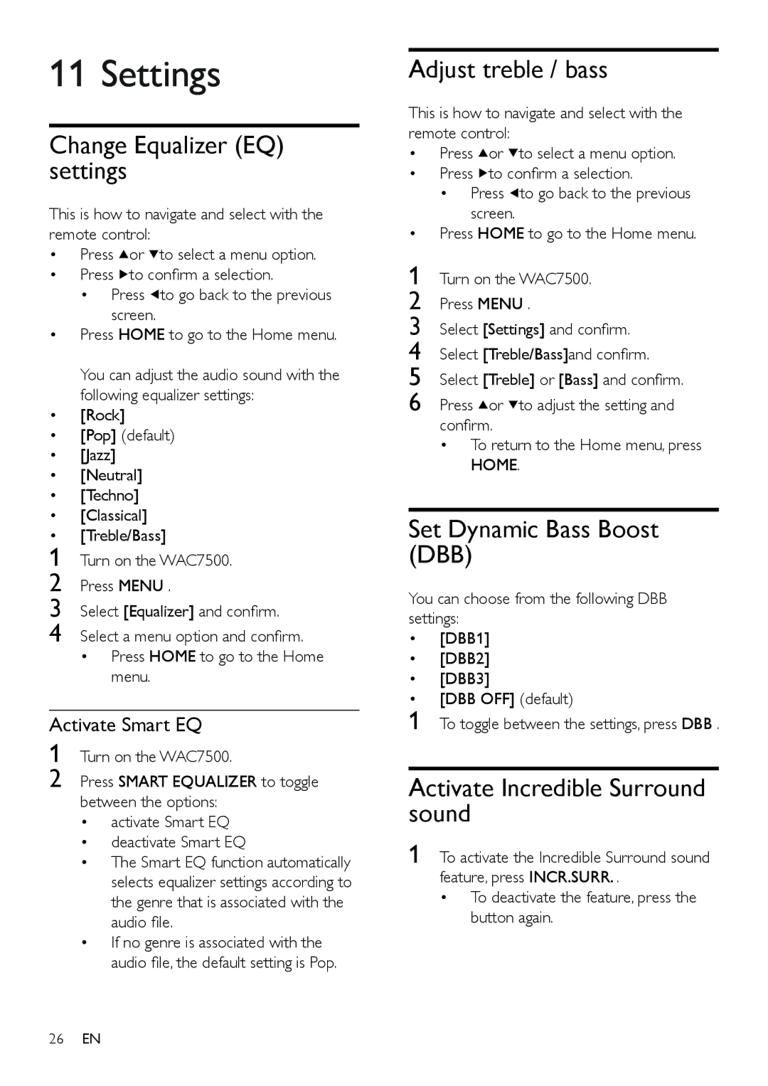 Philips WAC7505 user manual Settings, Change Equalizer EQ settings, Adjust treble / bass, Set Dynamic Bass Boost DBB 