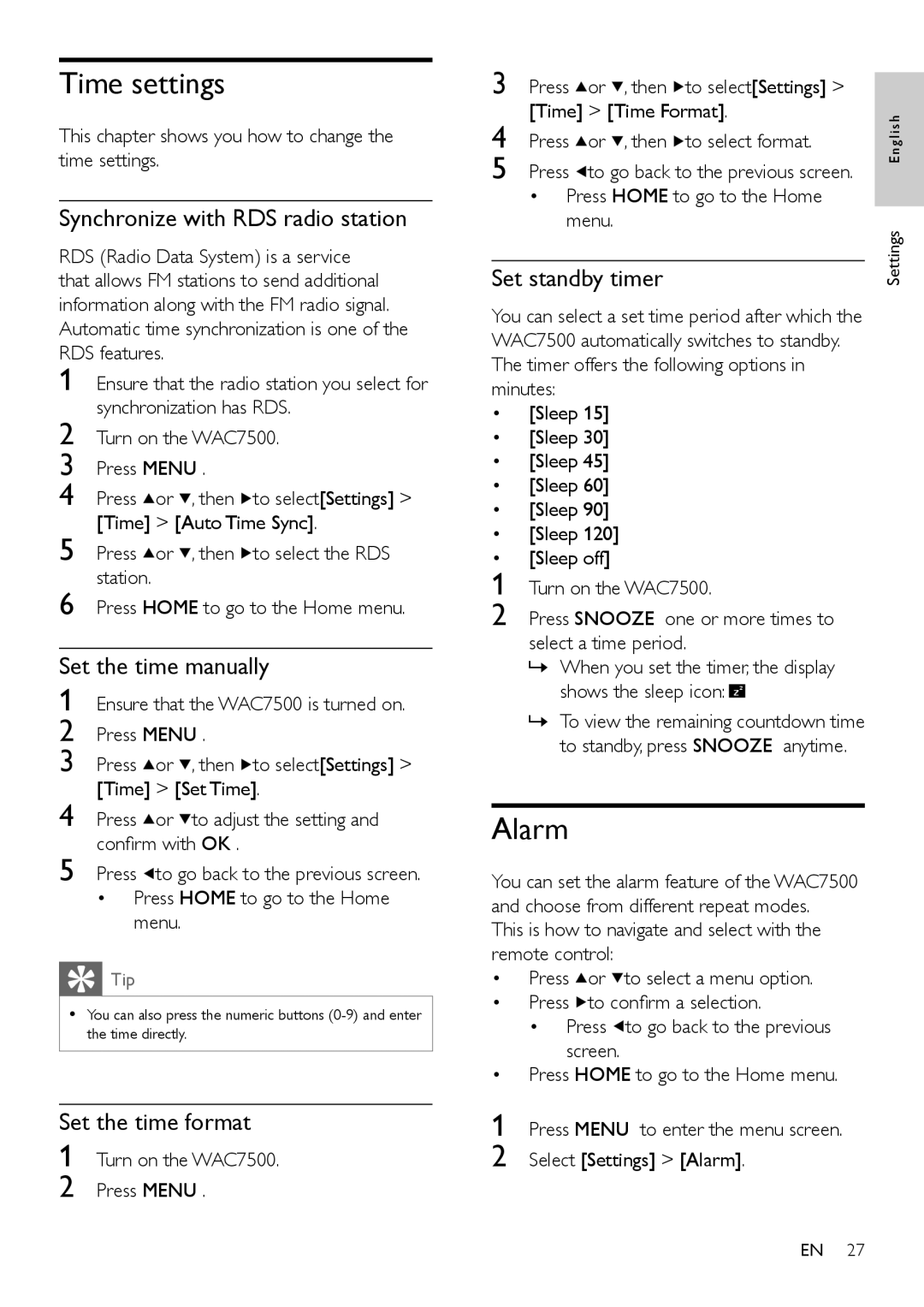 Philips WAC7505 user manual Time settings, Alarm 