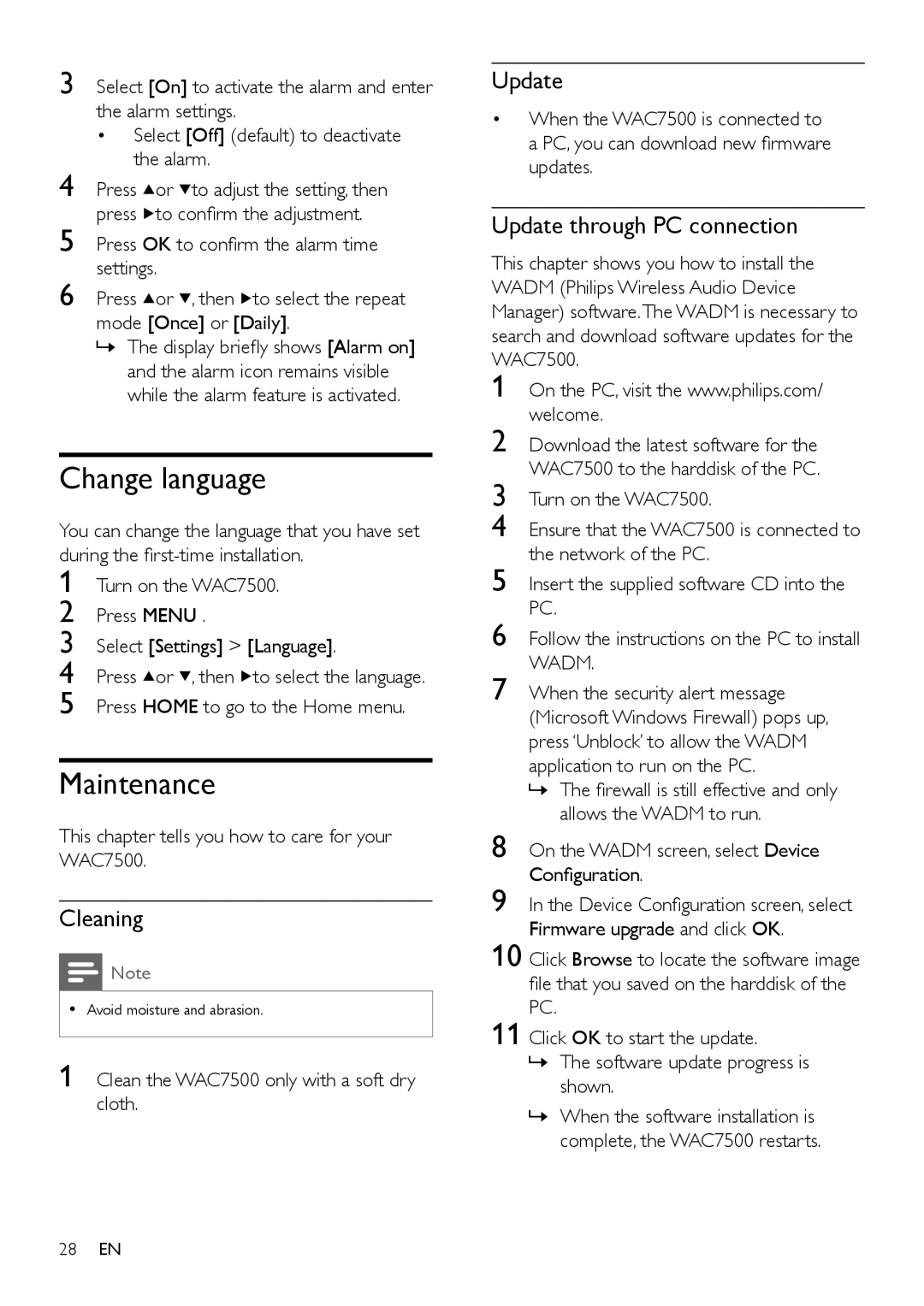 Philips WAC7505 user manual Change language, Maintenance, Cleaning, Update through PC connection 