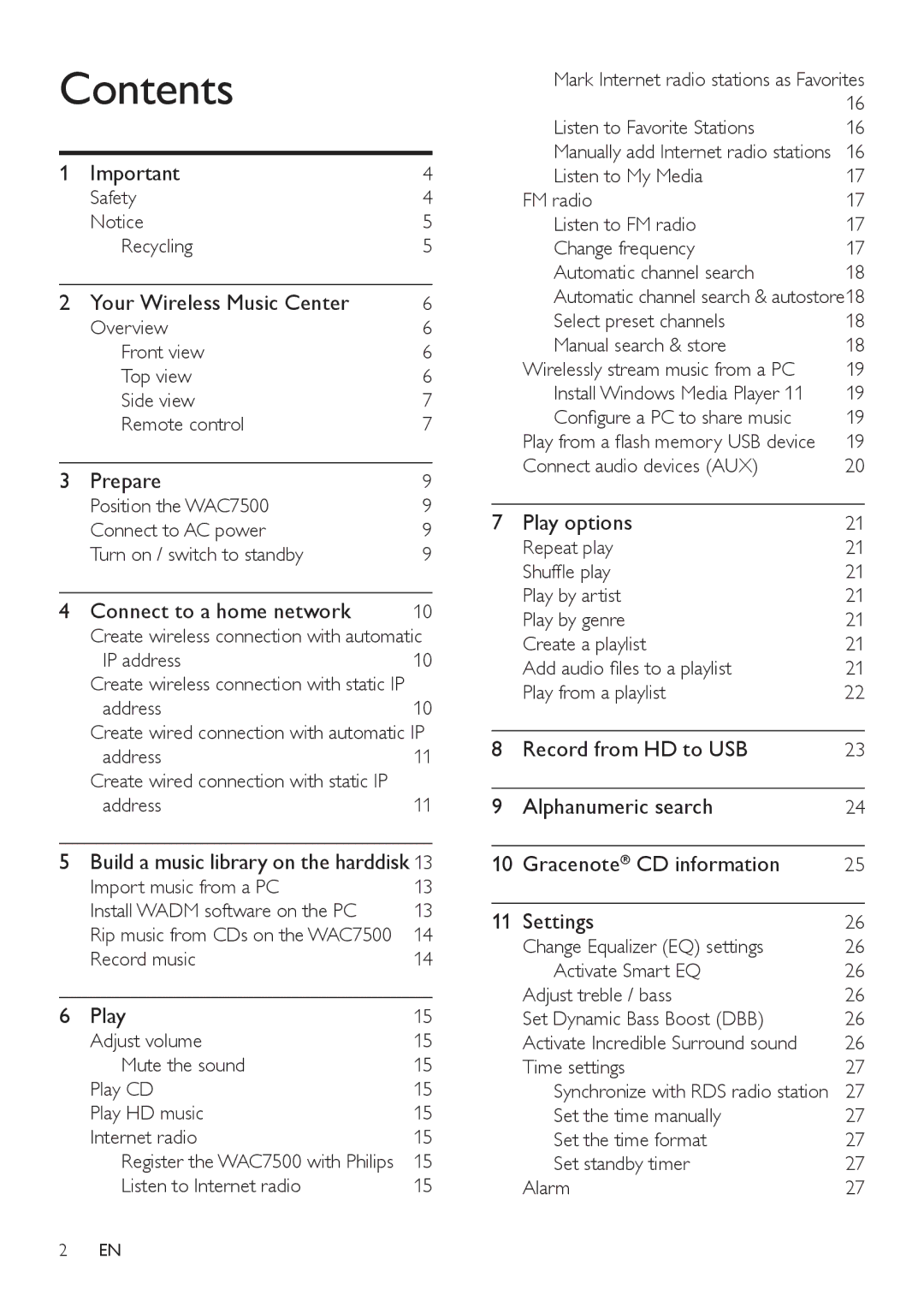 Philips WAC7505 user manual Contents 