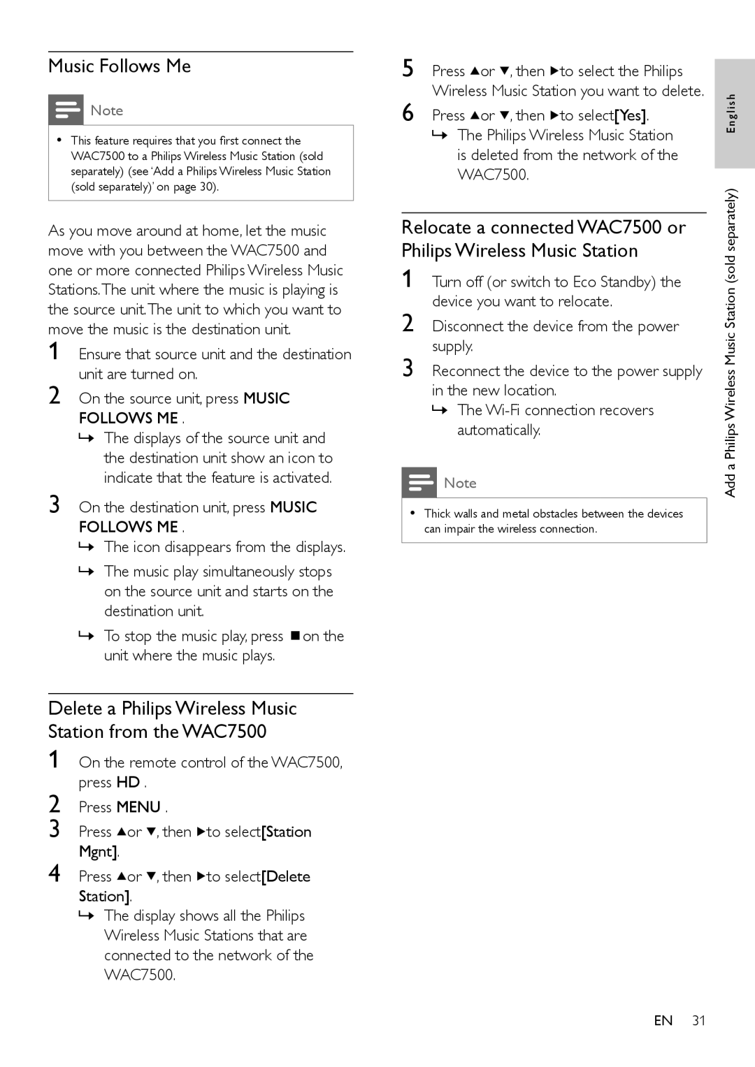 Philips WAC7505 user manual Music Follows Me, Follows ME, Press Then To select the Philips 