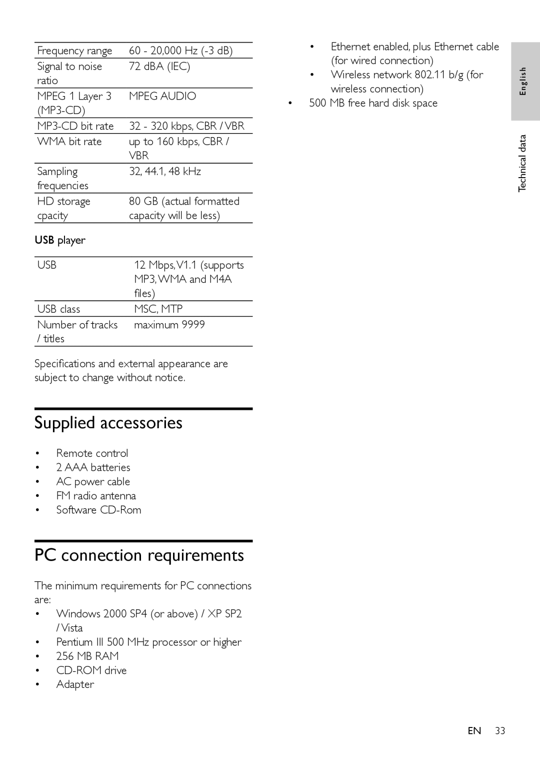 Philips WAC7505 user manual Supplied accessories, PC connection requirements 