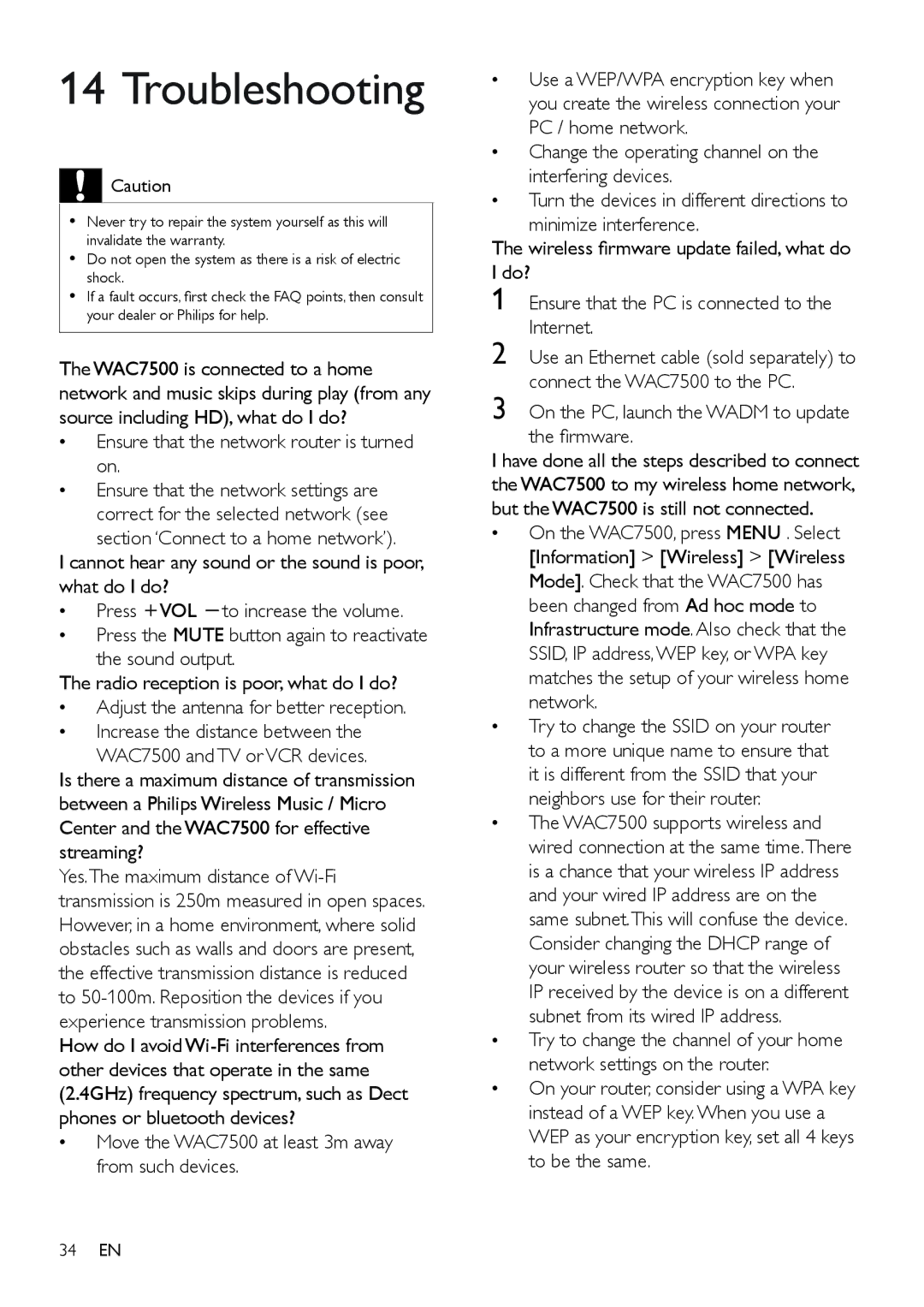 Philips WAC7505 user manual Troubleshooting, Ensure that the network router is turned on 