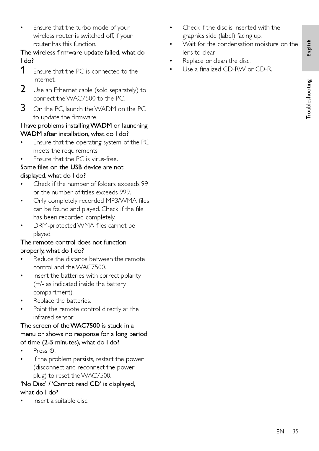 Philips WAC7505 user manual Troubleshooting English 