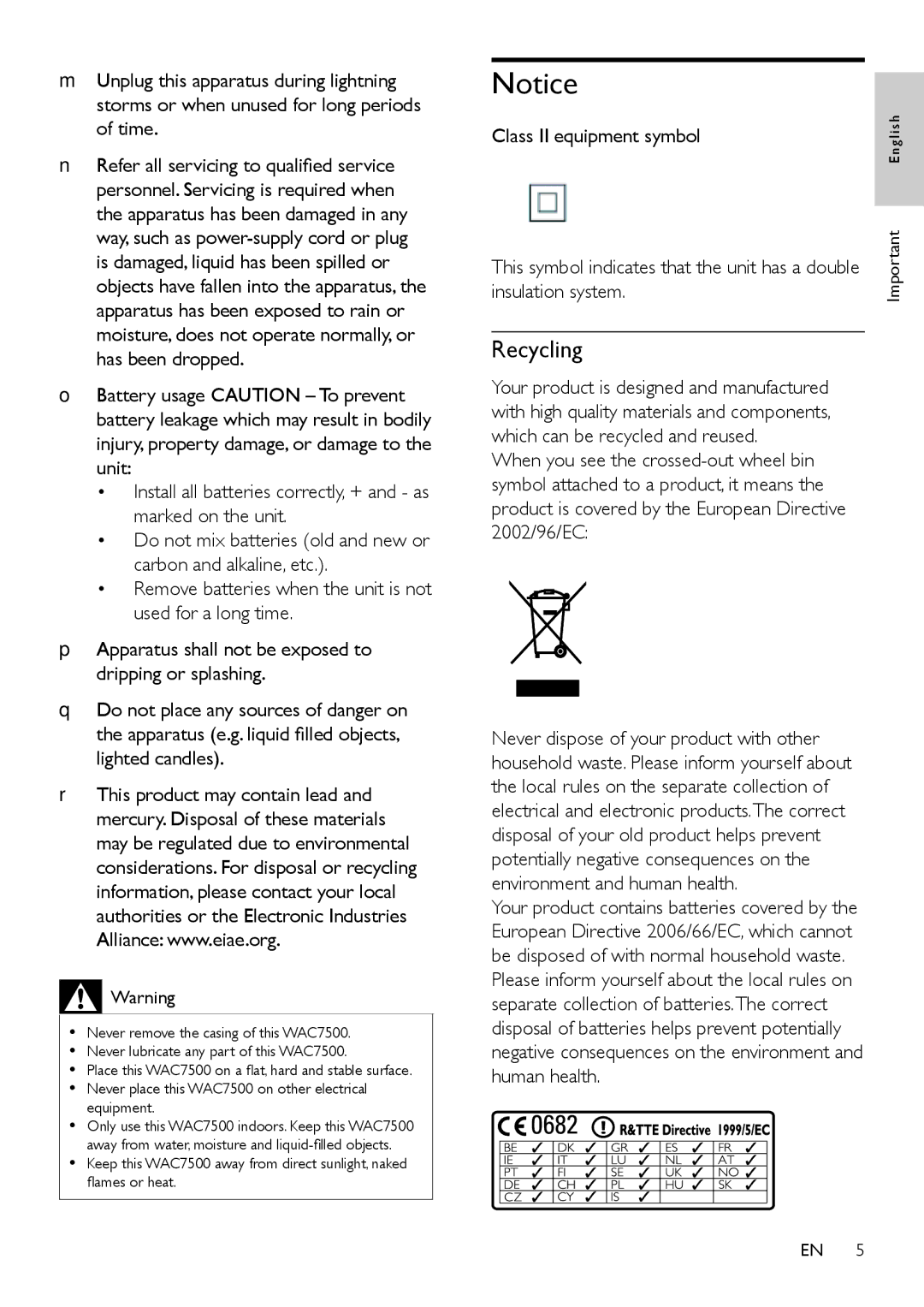 Philips WAC7505 user manual Recycling 