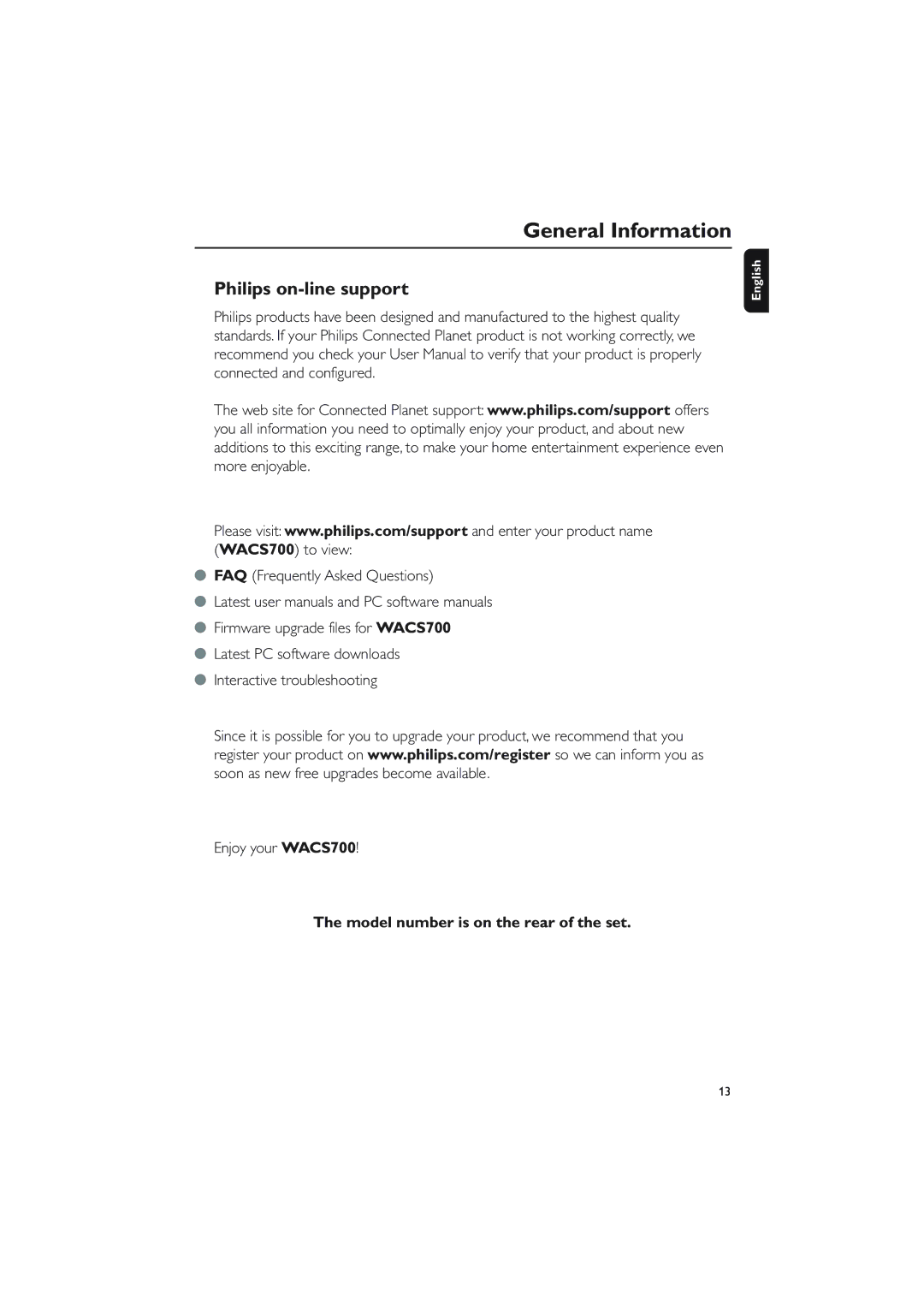 Philips WACS700 owner manual Philips on-line support, Model number is on the rear of the set 