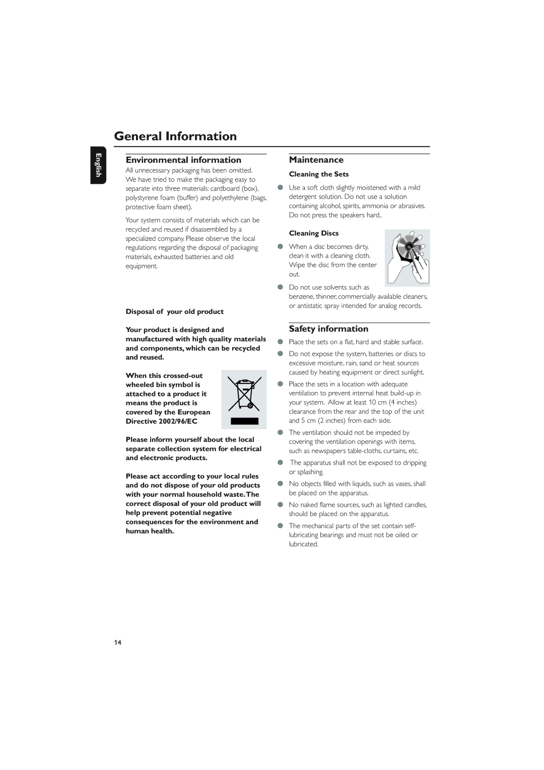 Philips WACS700 owner manual Environmental information, Maintenance, Safety information, Cleaning the Sets, Cleaning Discs 