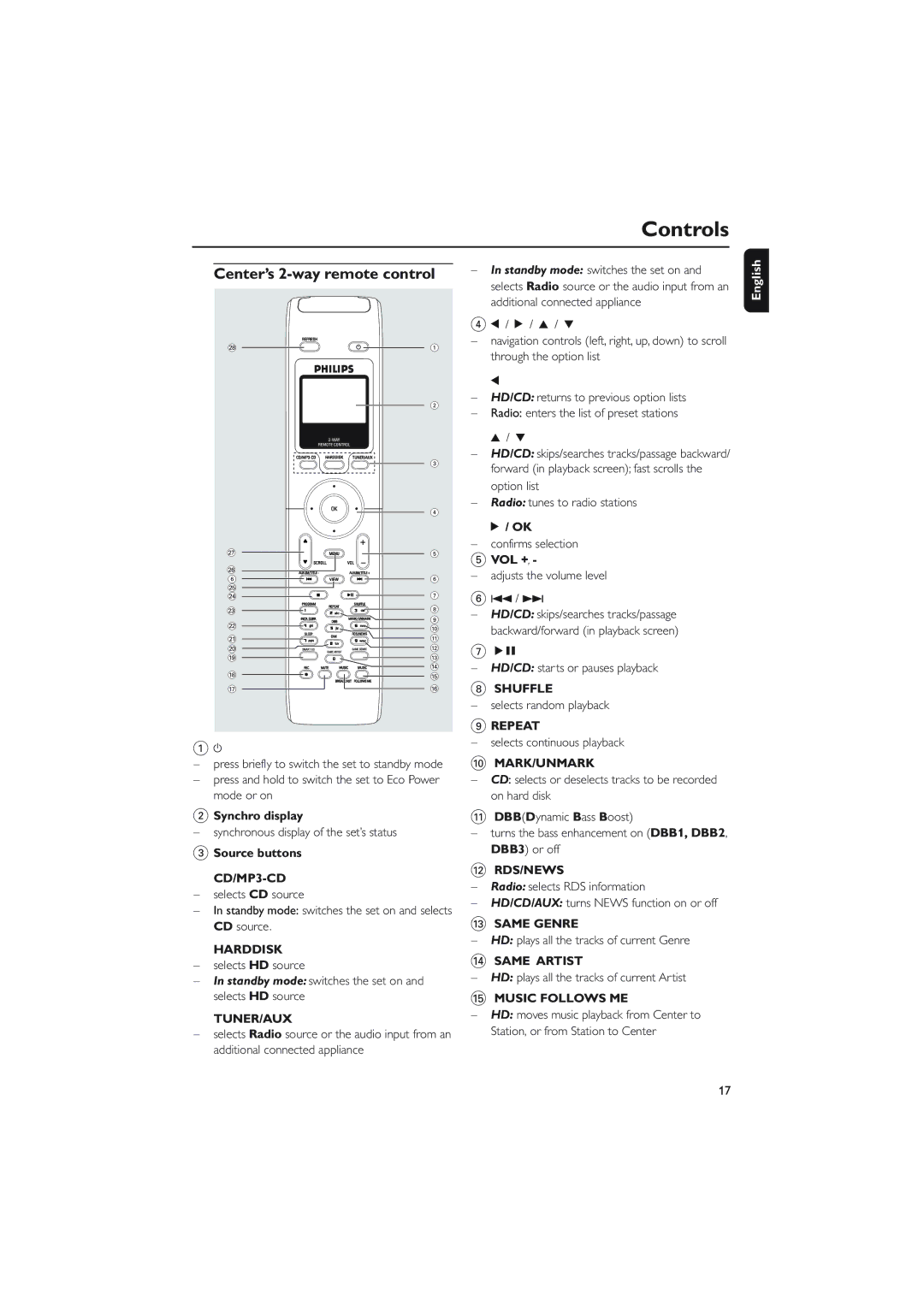 Philips WACS700 Controls, Center’s 2-way remote control, Standby mode switches the set on and selects HD source 