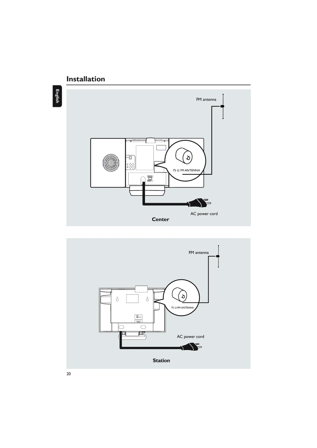 Philips WACS700 owner manual Installation, Center, Station, FM antenna, AC power cord 