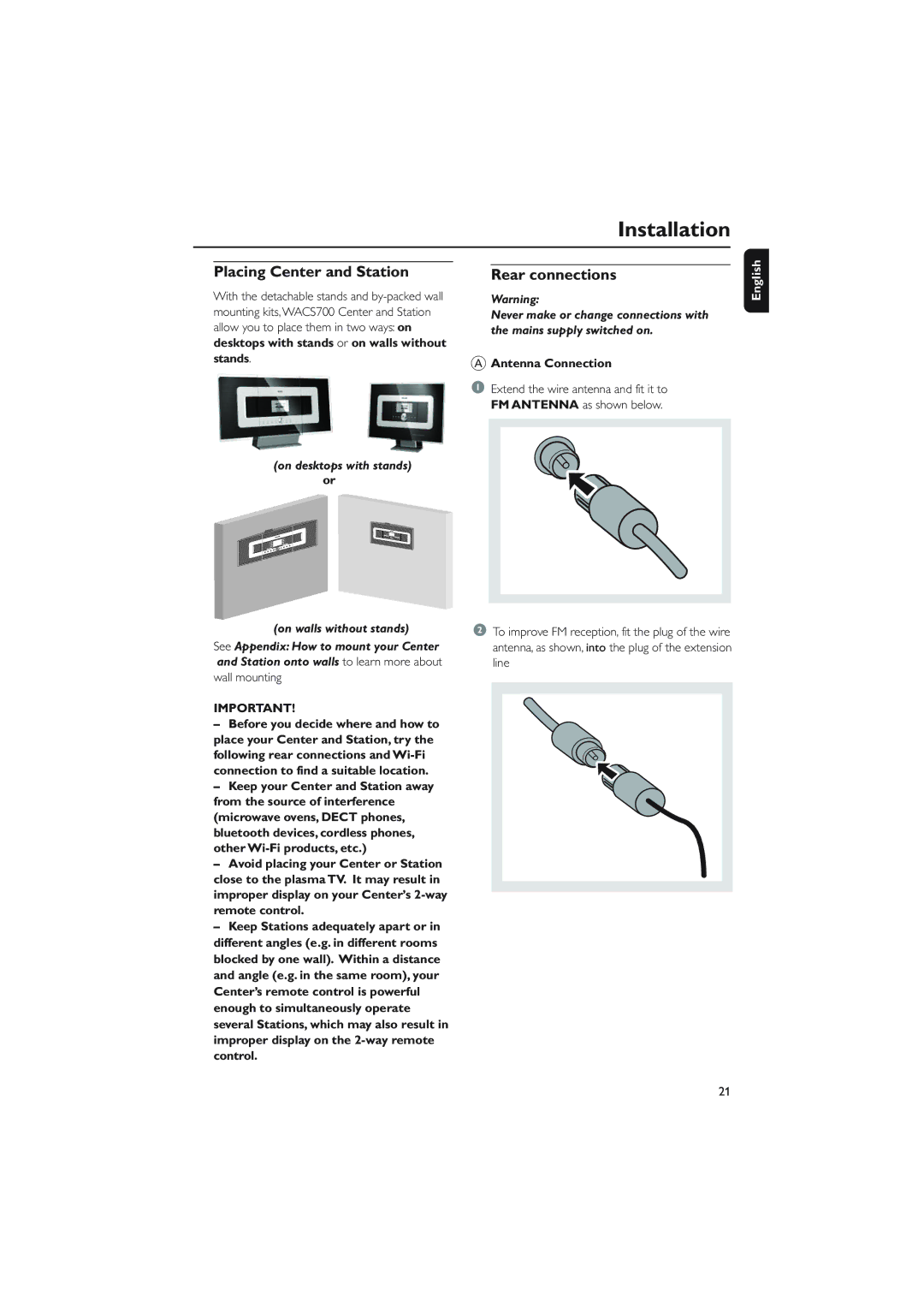 Philips WACS700 Placing Center and Station, Rear connections, On desktops with stands or On walls without stands 