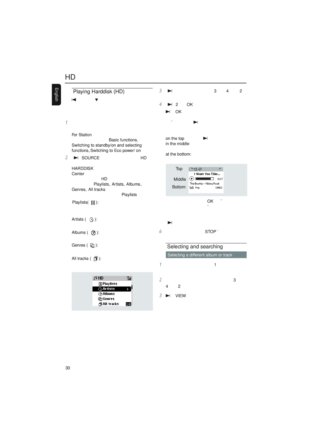 Philips WACS700 owner manual Playing Harddisk HD, Selecting and searching, Genres, All tracks, Top Middle Bottom 