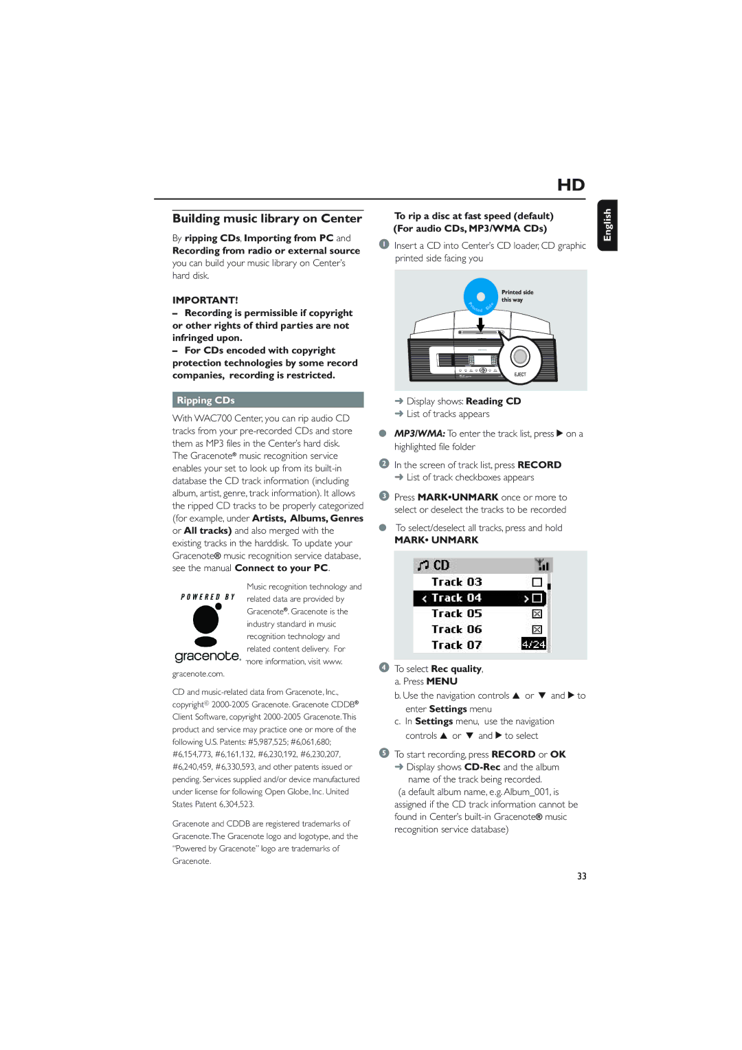 Philips WACS700 owner manual Building music library on Center, By ripping CDs, Importing from PC, Ripping CDs 