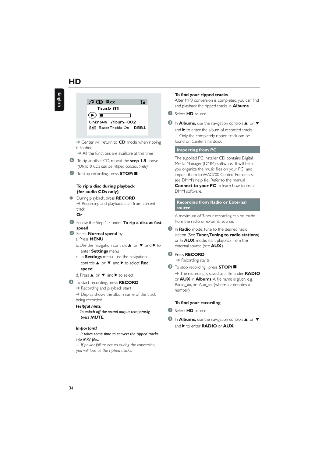 Philips WACS700 owner manual Select Normal speed by, To find your ripped tracks, Importing from PC, To find your recording 