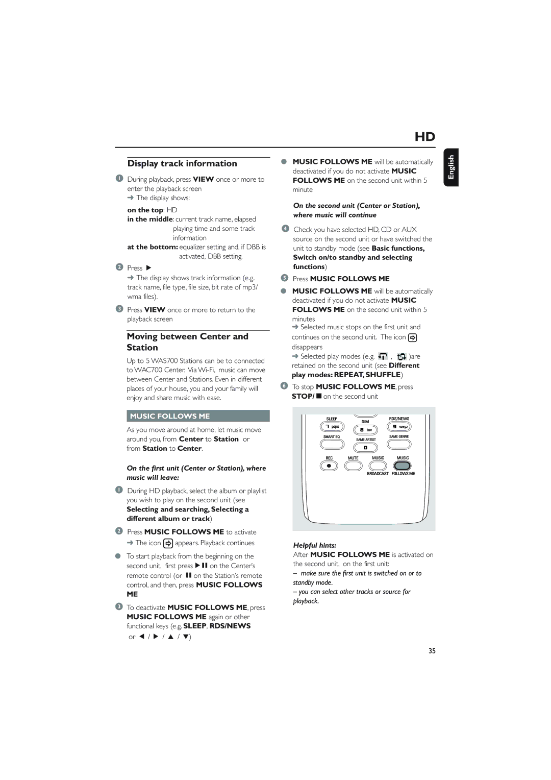 Philips WACS700 owner manual Display track information, Moving between Center and Station, On the top HD, Or 1 / 2 / 3 