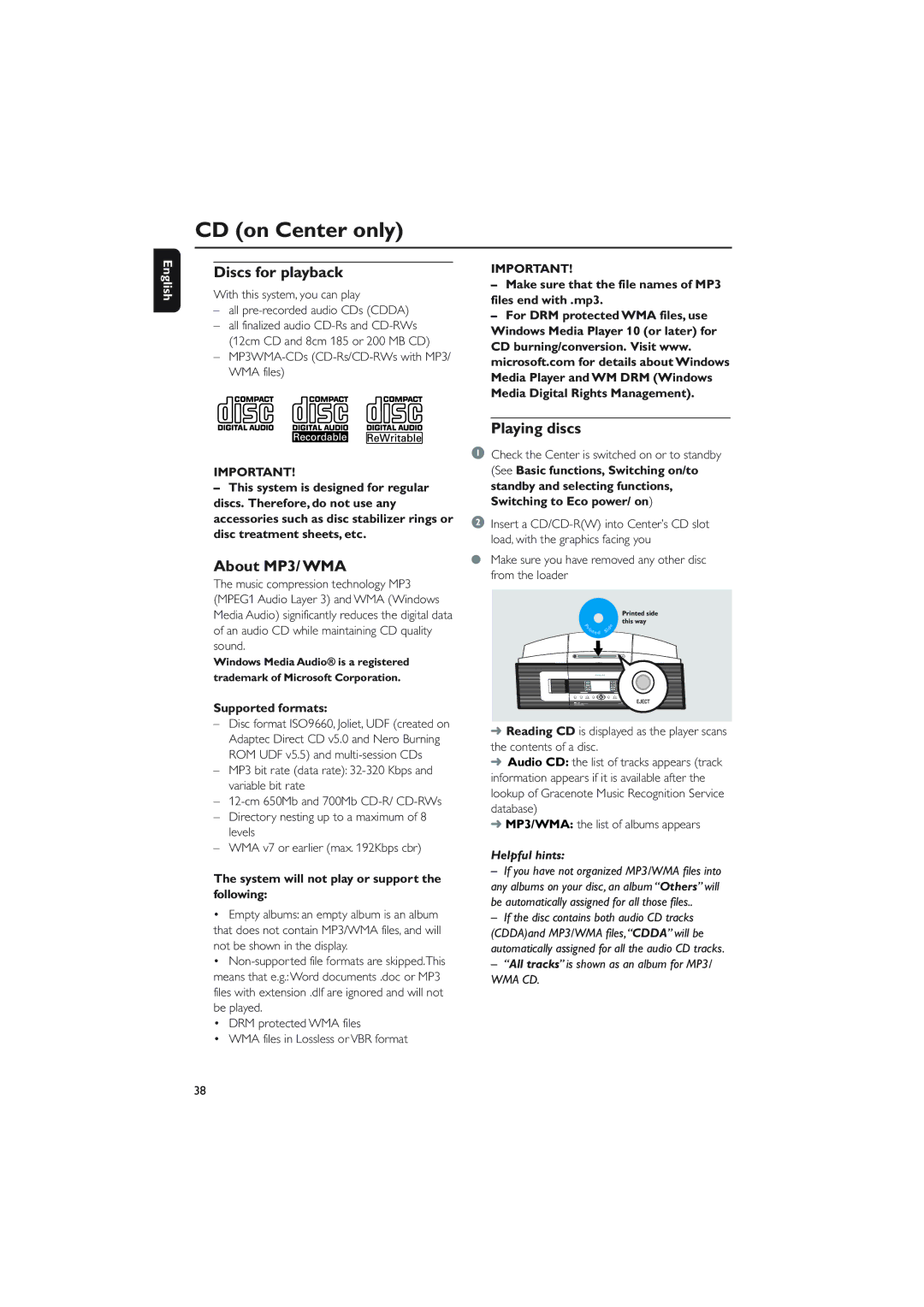 Philips WACS700 owner manual CD on Center only, Discs for playback, About MP3/ WMA, Playing discs 