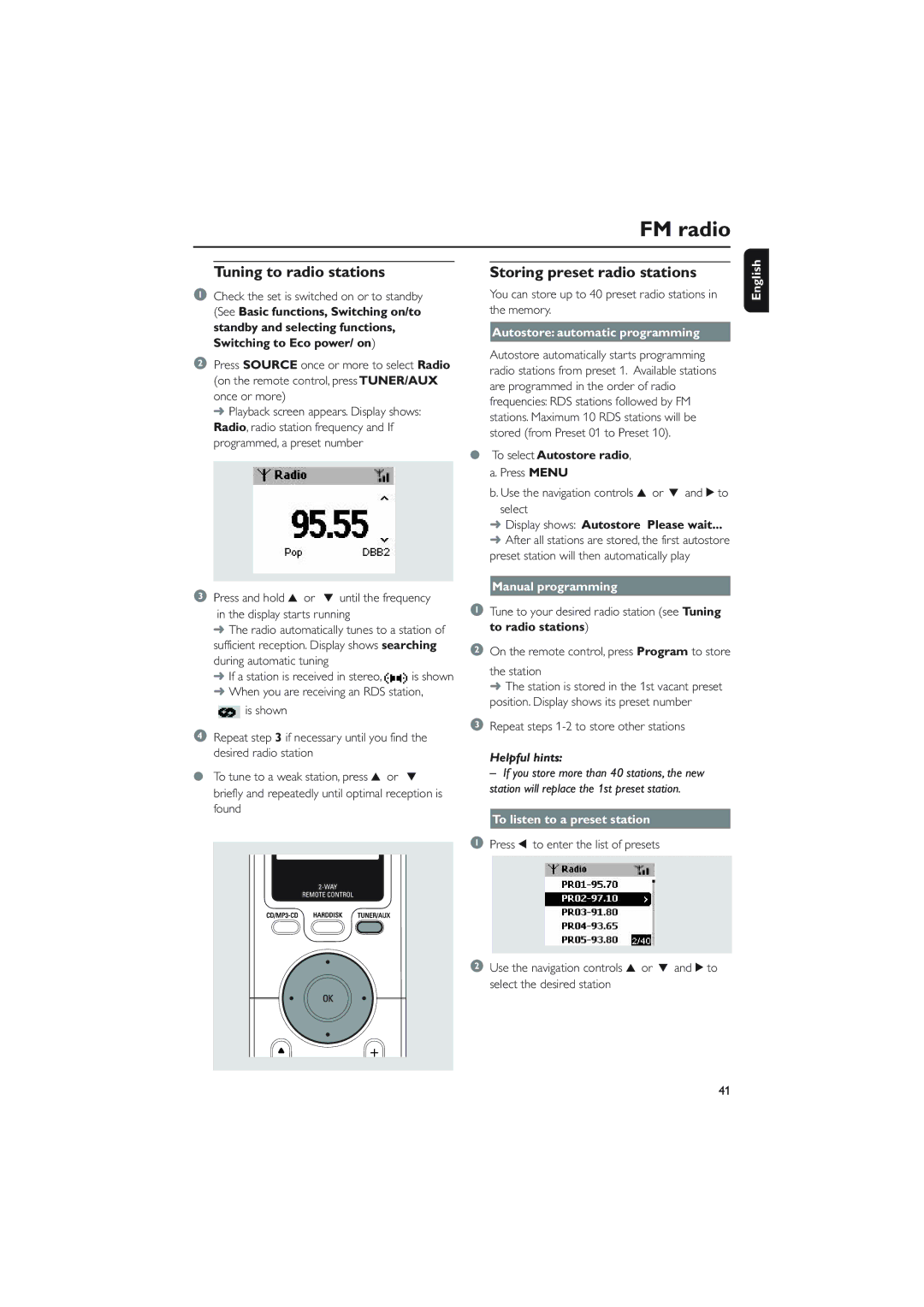 Philips WACS700 owner manual FM radio, Tuning to radio stations, Storing preset radio stations 