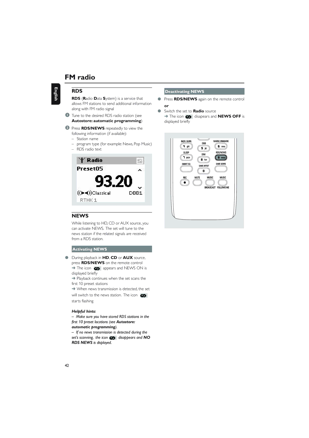 Philips WACS700 owner manual RDS radio text, Activating News, Will switch to the news station. The icon starts flashing 