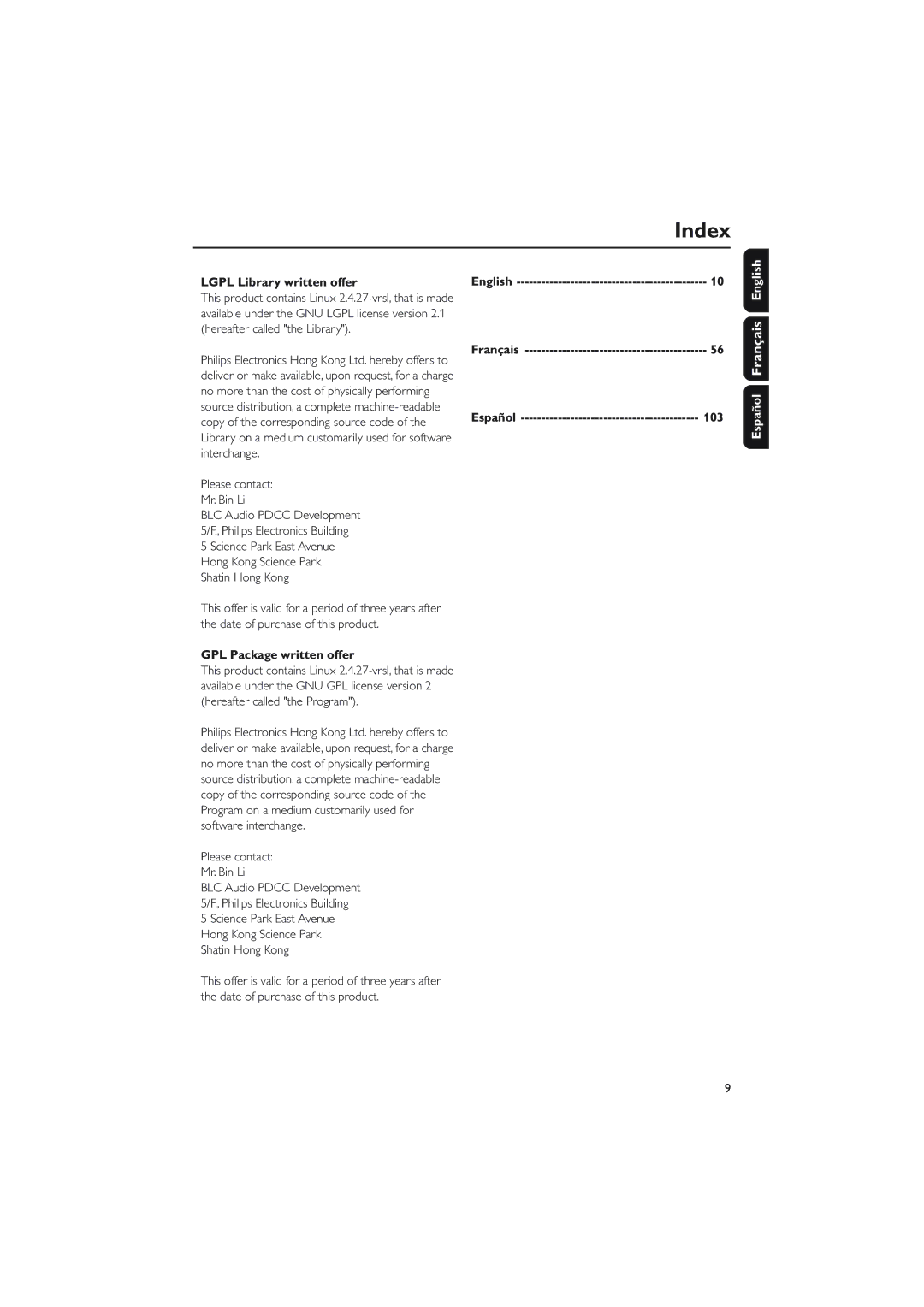 Philips WACS700 owner manual Index, Lgpl Library written offer, English, GPL Package written offer 