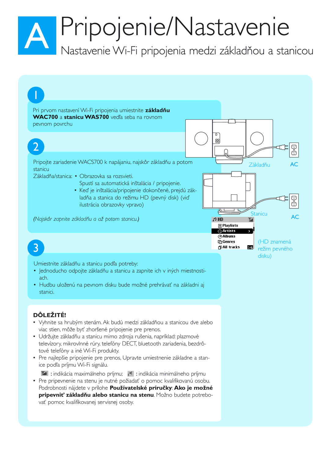 Philips WACS700 manual Nastavenie Wi-Fi pripojenia medzi základňou a stanicou, Základňu AC Stanicu 