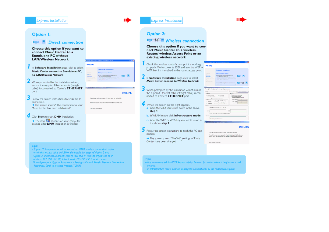Philips WACS700 quick start Option Direct connection, Option Wireless connection, Music Center connect to Wireless Network 