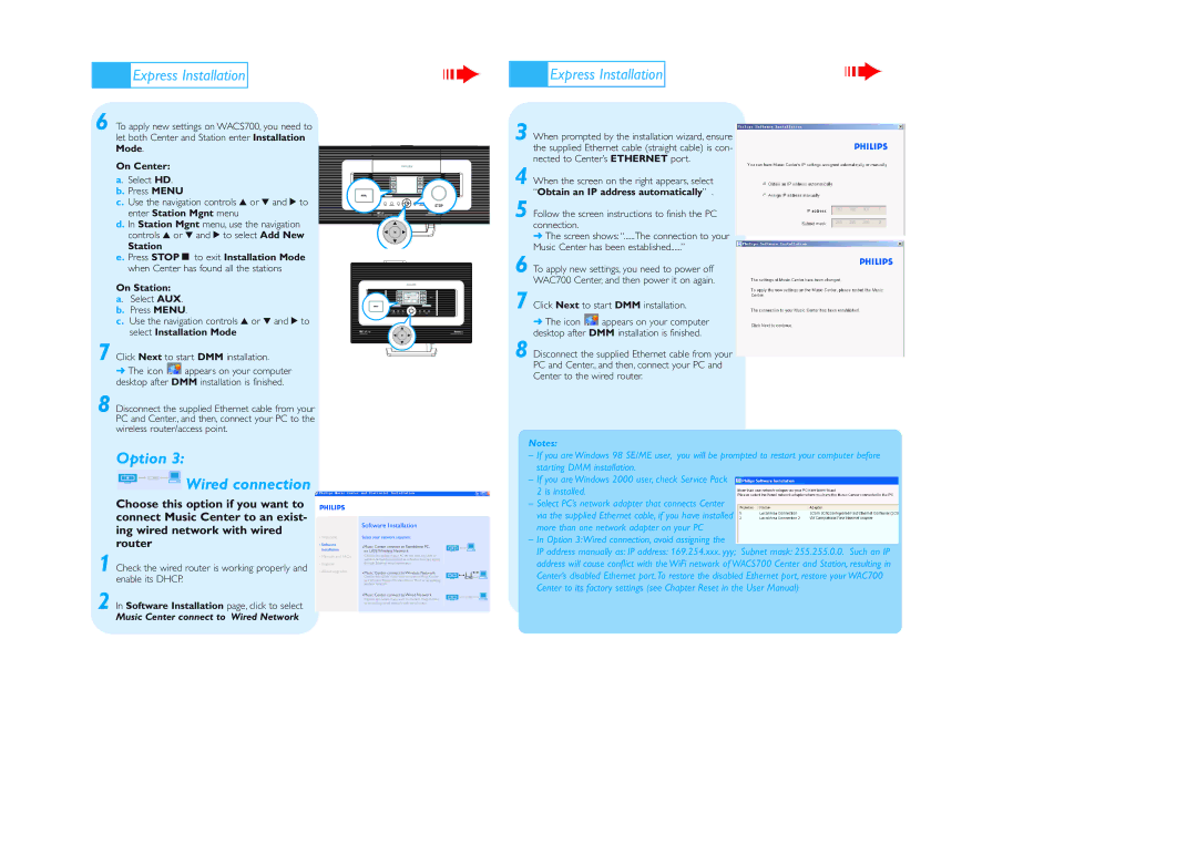 Philips WACS700 quick start Option Wired connection, Music Center connect to Wired Network 