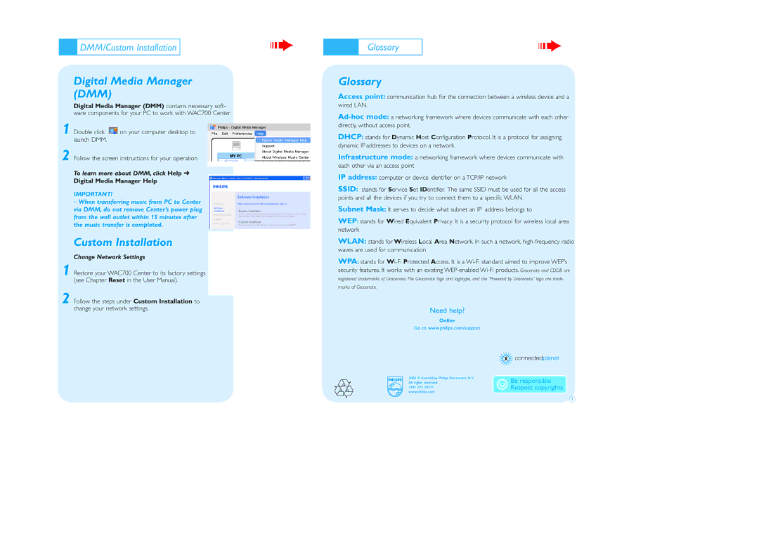 Philips WACS700 quick start Digital Media Manager DMM, Custom Installation, Glossary, To learn more about DMM, click Help 