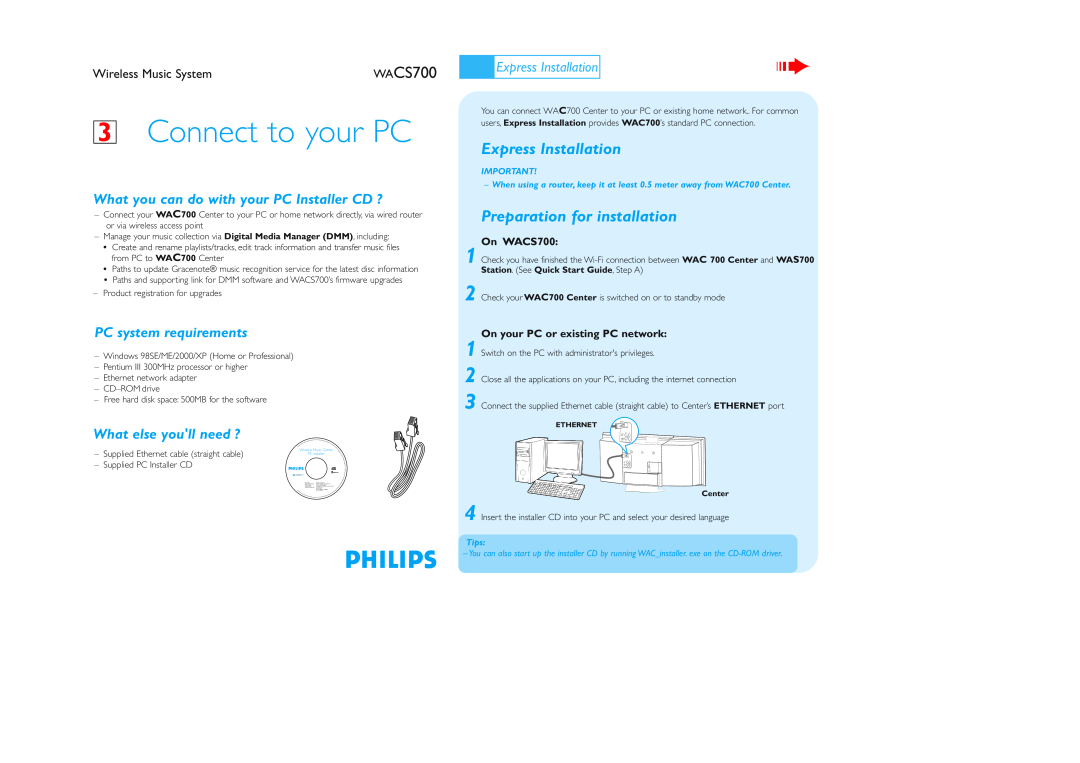 Philips WACS700 quick start Express Installation, Preparation for installation, PC system requirements, Tips 