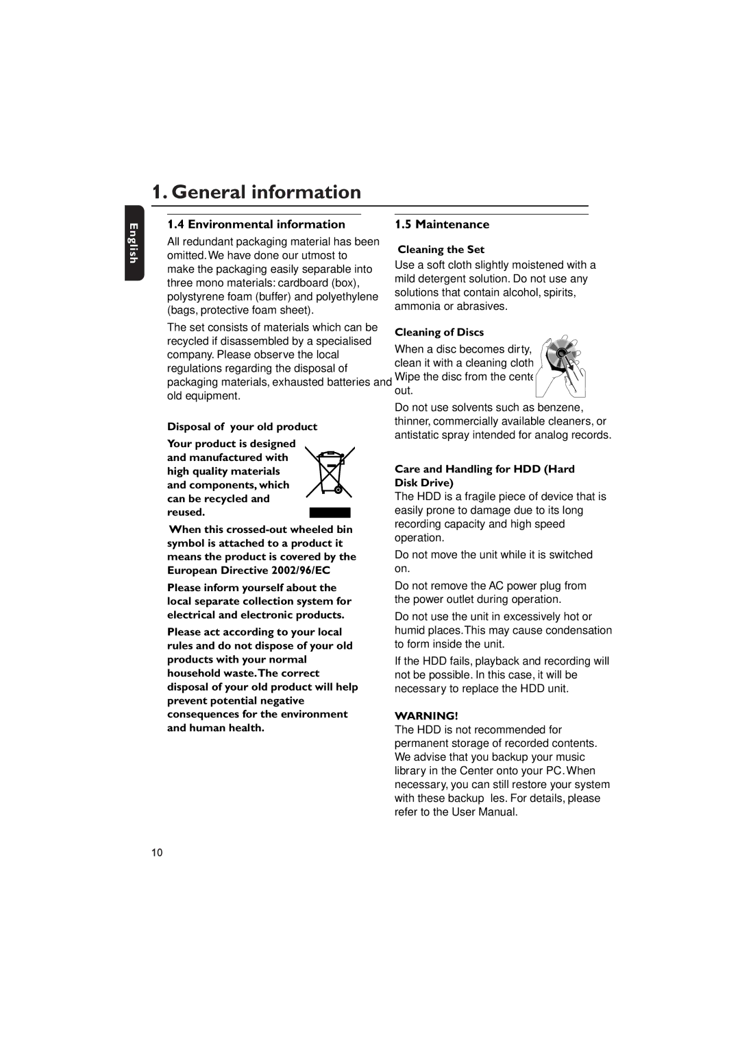 Philips WACS7000, WACS7005 user manual Environmental information, Maintenance 