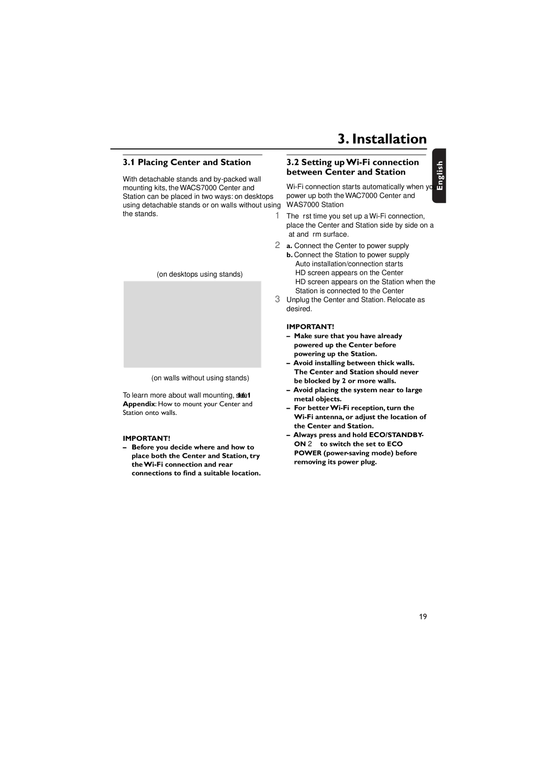 Philips WACS7000, WACS7005 user manual Placing Center and Station, Setting up Wi-Fi connection between Center and Station 