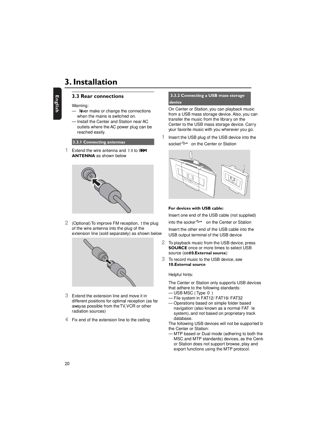 Philips WACS7000, WACS7005 user manual Rear connections, Connecting antennas, Connecting a USB mass storage device 