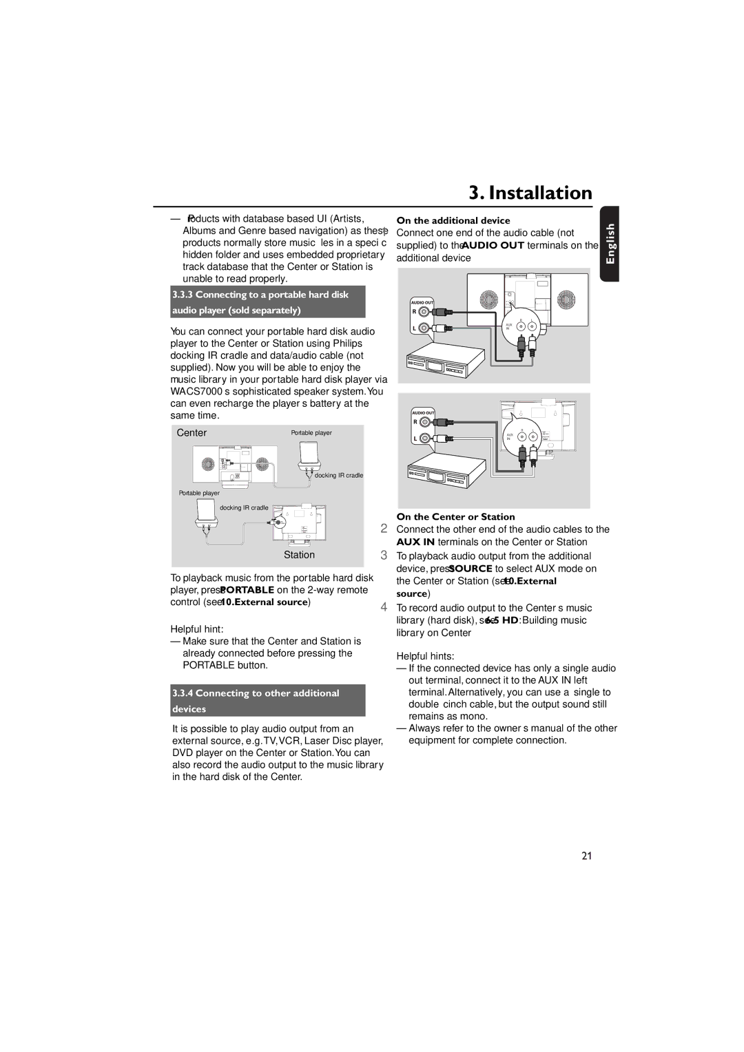 Philips WACS7000, WACS7005 user manual Center, Station, Connecting to other additional devices, On the additional device 