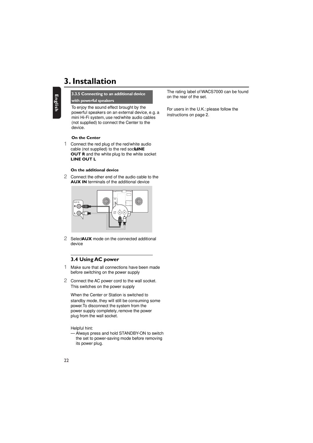 Philips WACS7000, WACS7005 Using AC power, Connecting to an additional device with powerful speakers, On the Center 