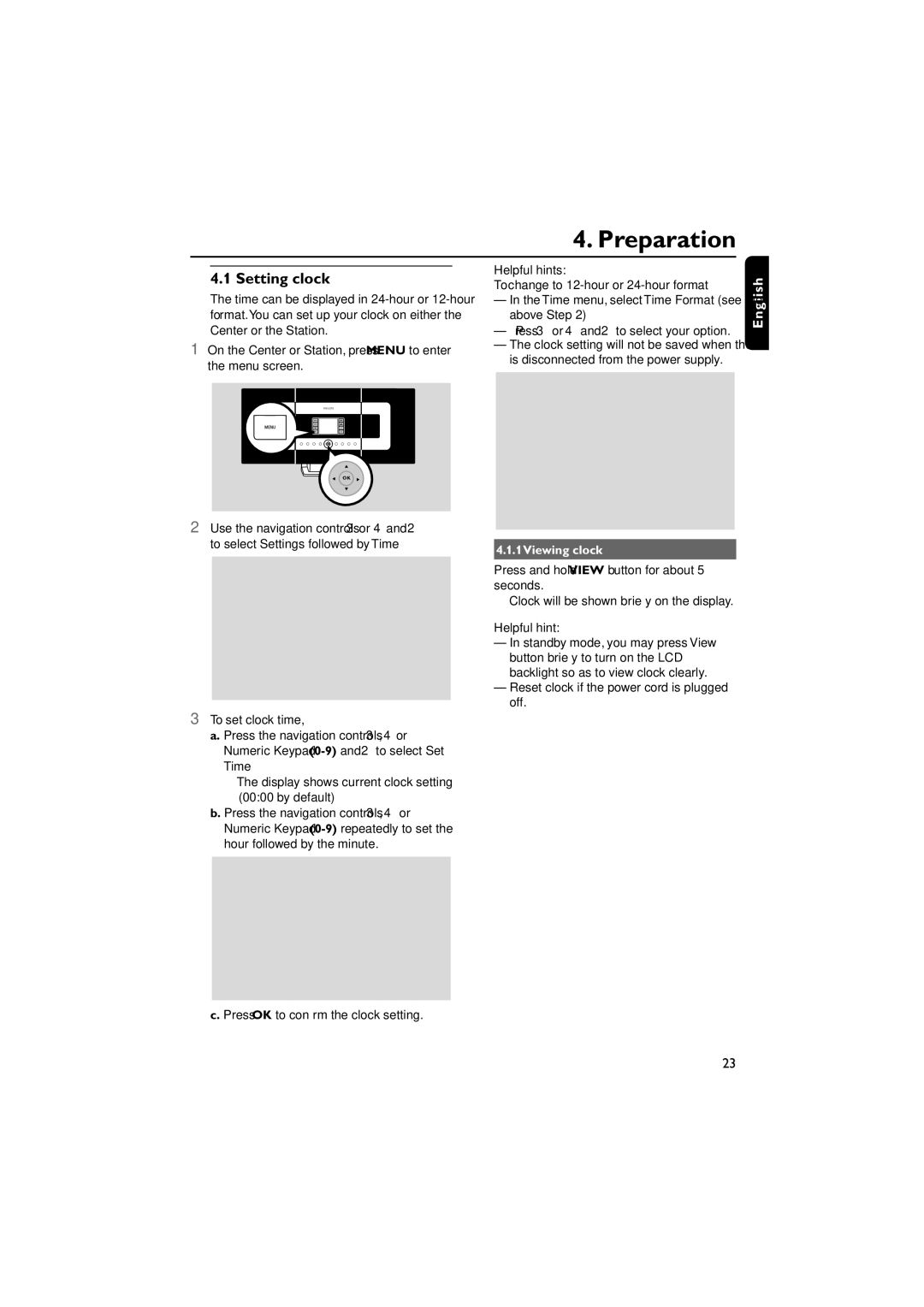 Philips WACS7000, WACS7005 Preparation, Setting clock, 1Viewing clock, Reset clock if the power cord is plugged off 