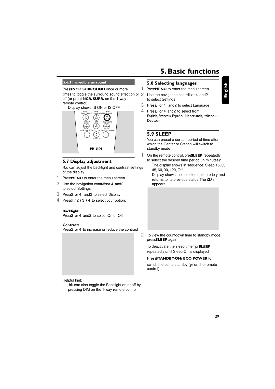 Philips WACS7000, WACS7005 user manual Display adjustment, Selecting languages, Incredible surround 