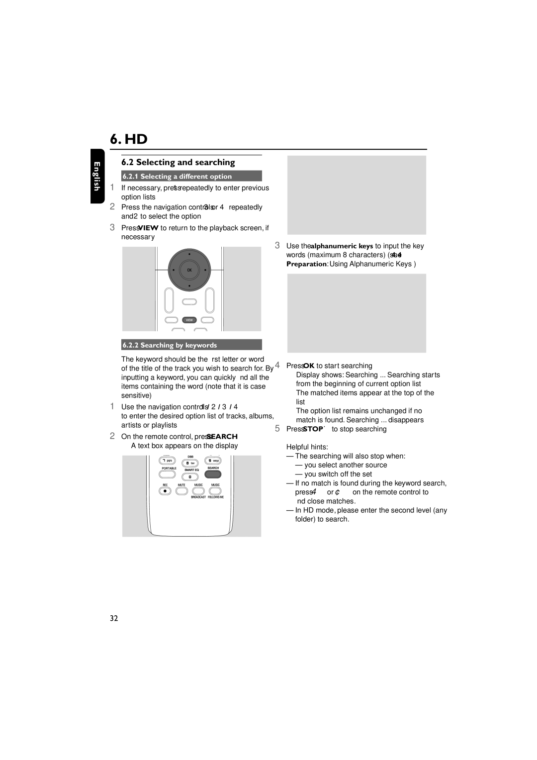 Philips WACS7000, WACS7005 user manual Selecting and searching, Selecting a different option, Searching by keywords 